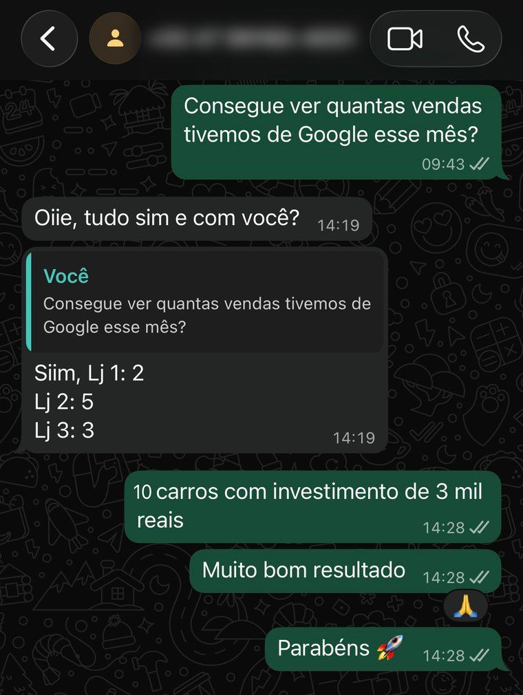 Conversa no WhatsApp: cliente informa 2, 5 e 3 vendas em três lojas, totalizando 10 carros com R$ 3 mil de investimento em Google Ads